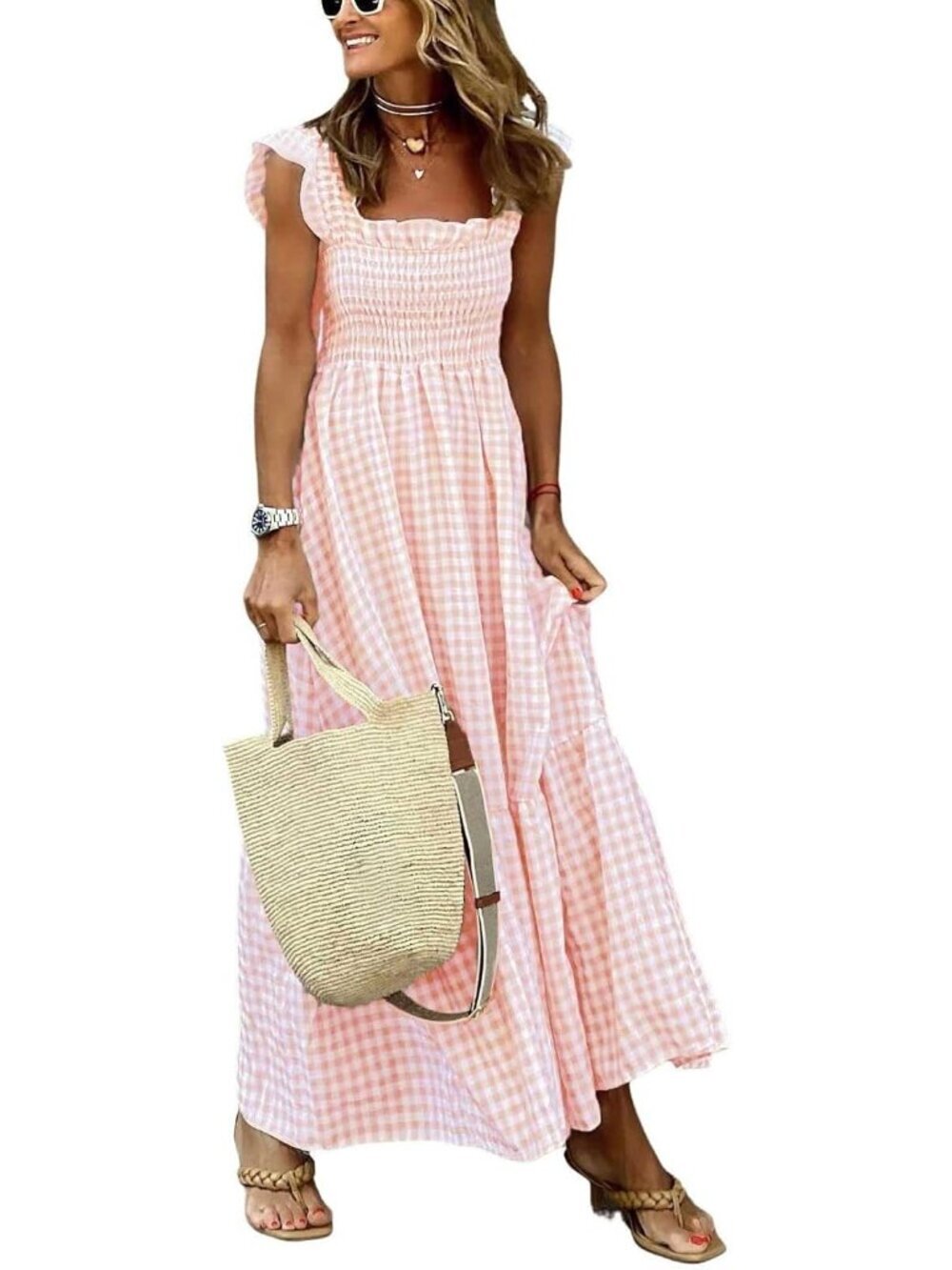 〽️Womens Orange Pink Retro Plaid Smocked Spaghetti Strap Flounce Long Maxi Dress